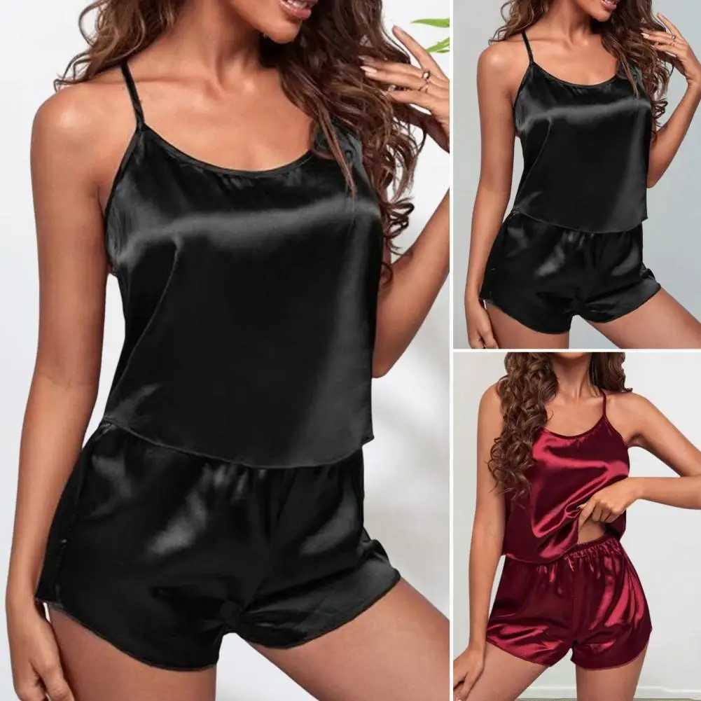 Two Piece Pajama Set Loose Fit Pajamas Ele Satin Summer Pajama Set with Spaghetti Straps Off-shoulder for Women for ComfortXJ250220