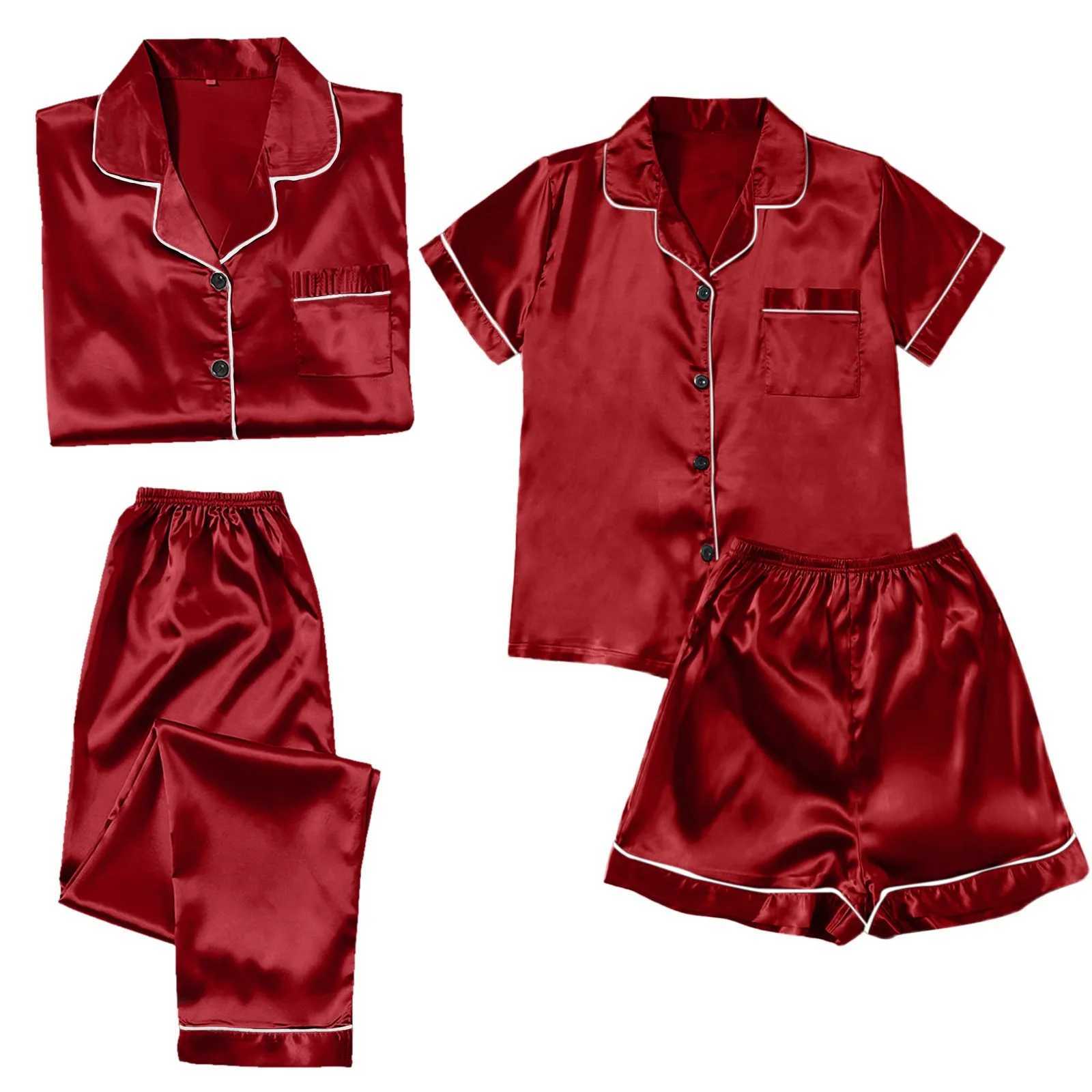 4PCS Womens Blue Pajamas Sets Silk Satin Top Pant Long sve Solid Button-Down Pyjamas Satin Set Nightgown Ladies SpwearXJ250220