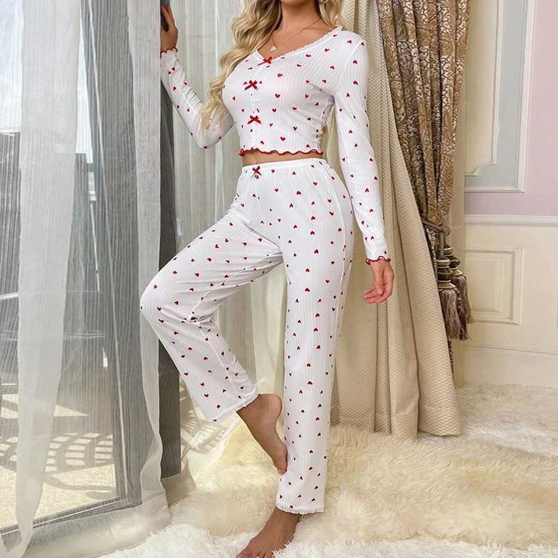 Ele White Ribbed Print Pants Sets Pajamas Women Knitted V-Neck Loose Tops Autumn Elastic Long Pants Spwears VintageXJ250220