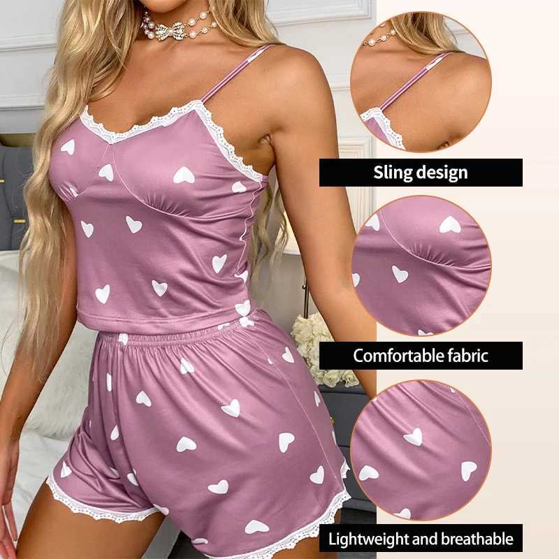 Womens Two-Piece V-Neck Suspender Lace Printed Top and Shorts Womens Casual Printed Pajama SetXJ250220