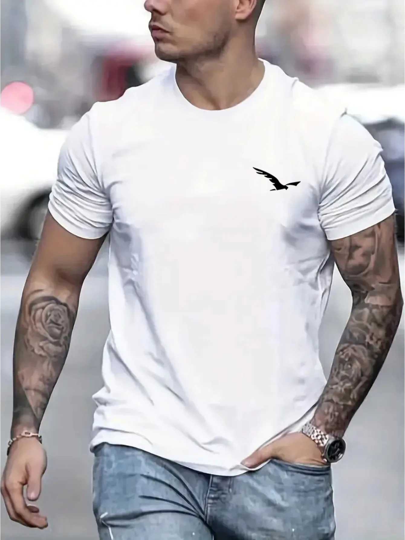 Mens 100% pure cotton summer loose fit suitable for bird pattern slim fit casual sports round neck short sleeved T-shirt top W250220