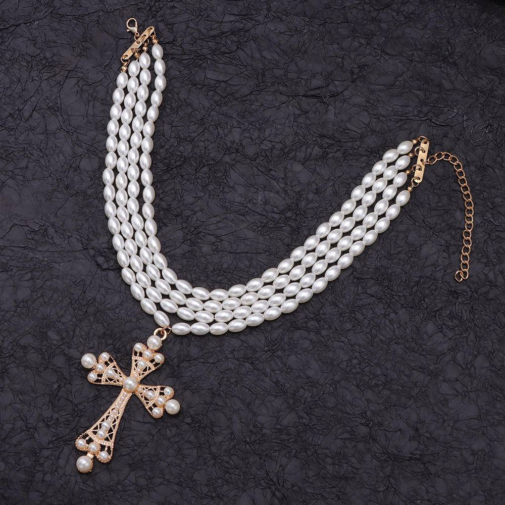 Cyberpunk style cross necklace fashion exaggerated micro-set imitation pearl layered necklace jewelry