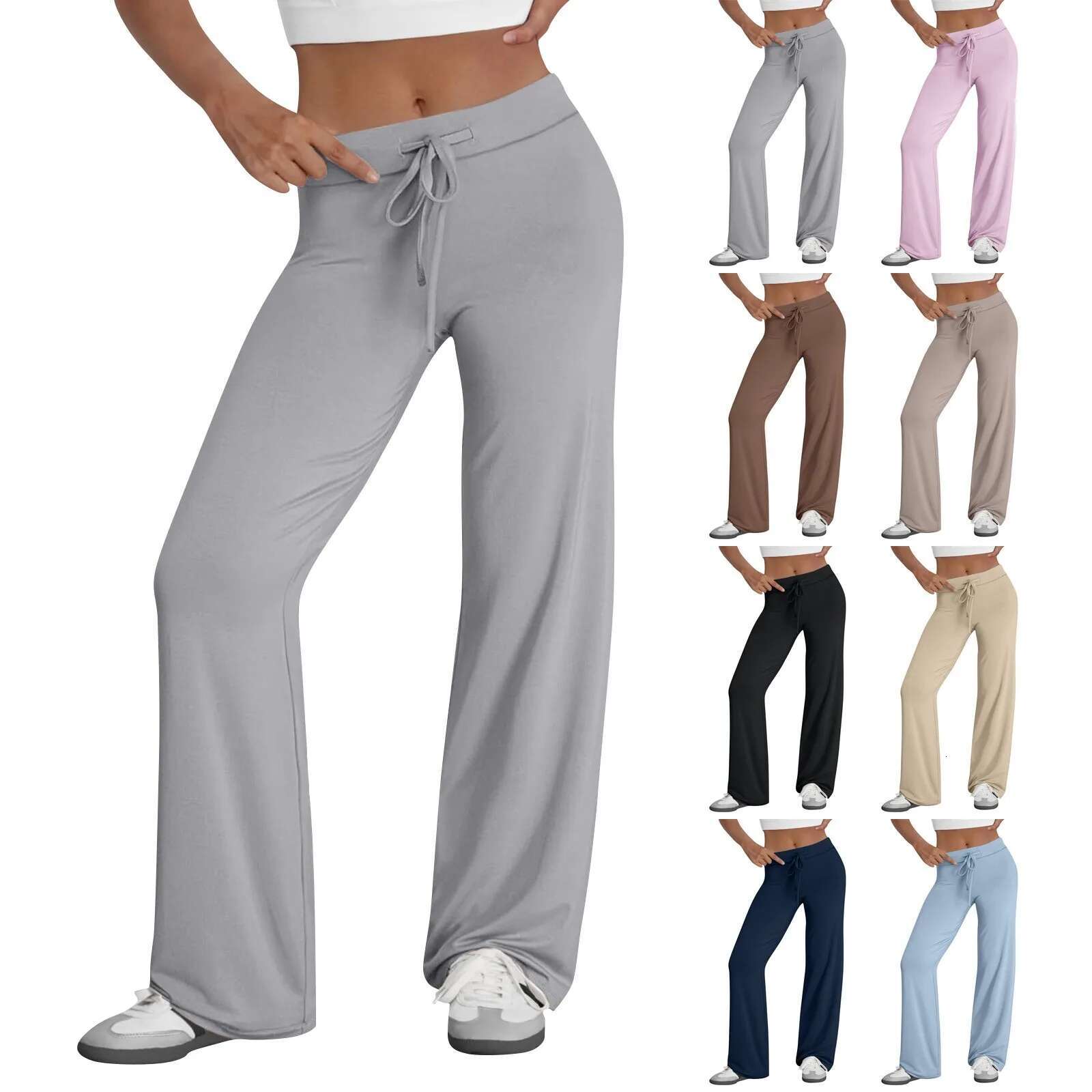 Activewear Women Wide Leg Casual Cotton Yoga Pants With Pockets High Waist Drawstring Baggy Sweatpants Flare Leggings