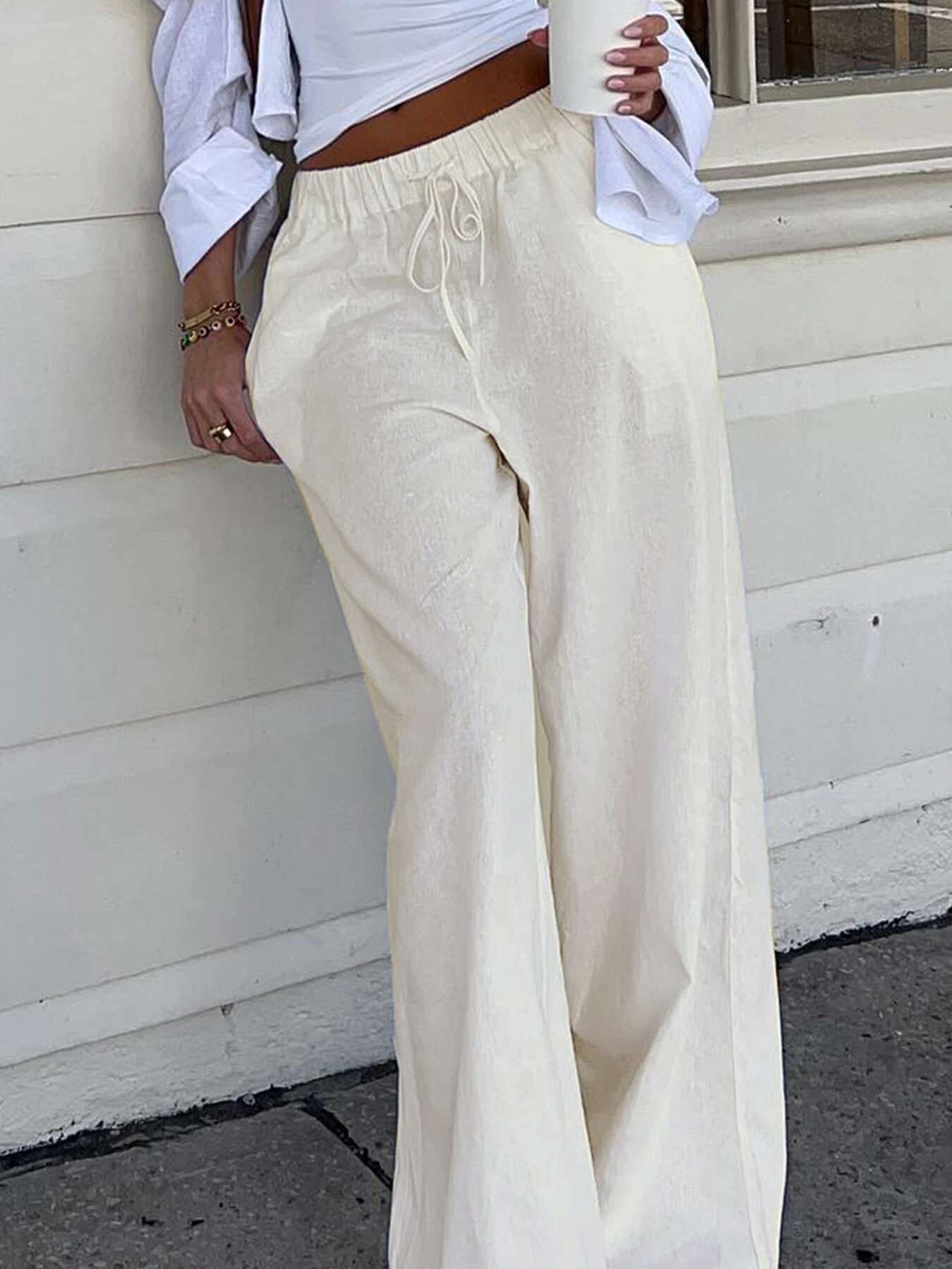 IAMSURE Casual Loose Bandage Straight Basic Elastic Low-Waisted Wide Lge Pants Women 2024 Summer Fashion Streetwear Ladies