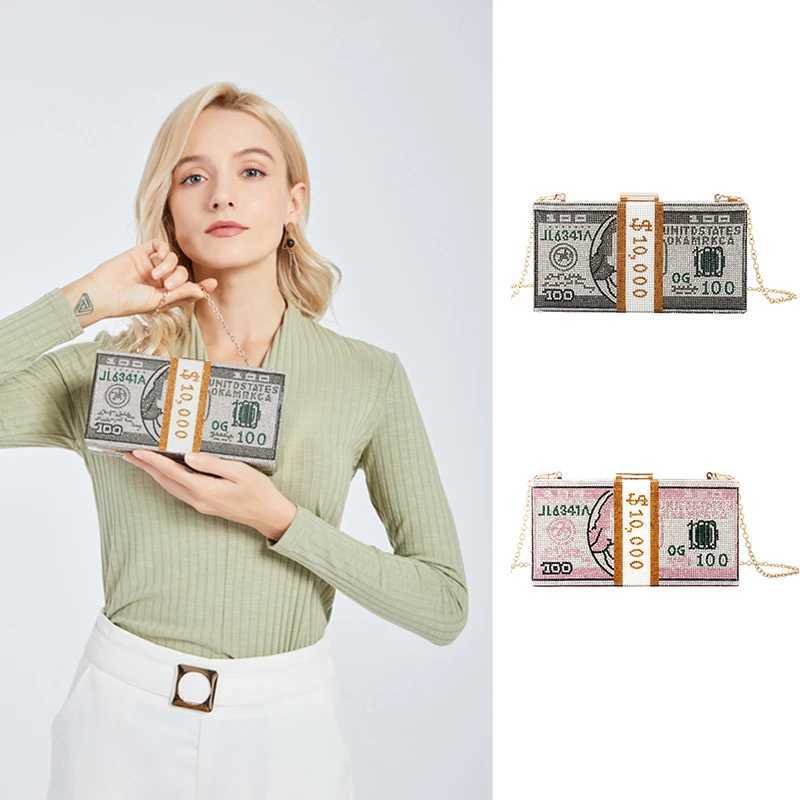 Creative Fashion New Money Clutch Rhinestone Purse 10000 Dollars Stack Bags of Cash Evening Handbags Shoulder Wedding Dinner Bag Z250220