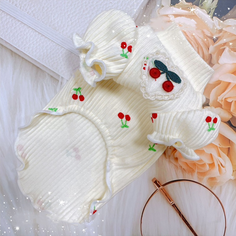 Small Dog Sweater with Cherry Printed Elasticity Bubble Sleeve Knitted Sweater Suitable for All Seasons Puppy Clothes for Chihuahua, Teddy and Small B