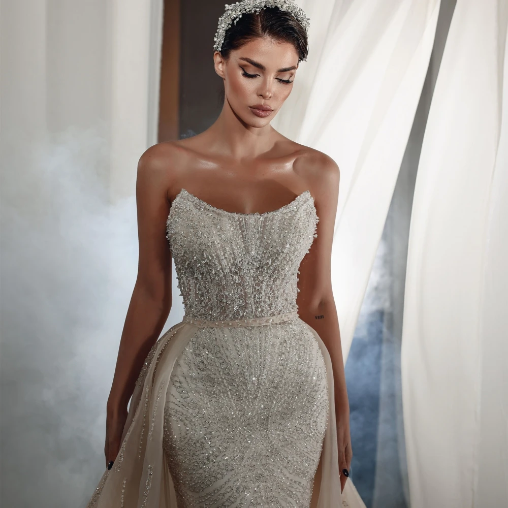 Mermaid Wedding Dress Strapless Sleeveless Bridal Gowns Sequins Beaded Detachable Train Dresses Custom Made vestidos de novia