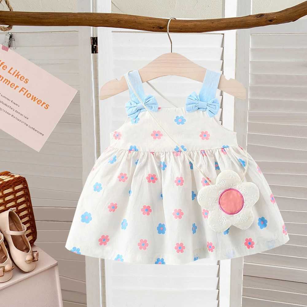2 pieces/set of baby girls summer sleeveless cute bow childrens dress+floral bag cotton childrens casual dress 1 to 2 pieces X250220
