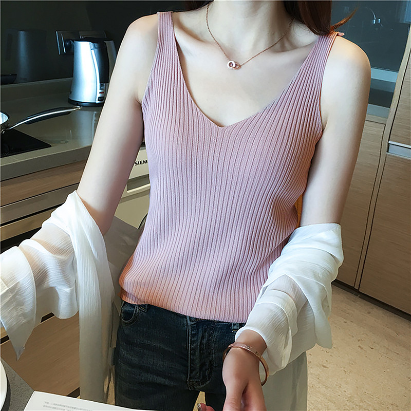 New v-neck sling vest women's summer inner wear ice silk knitted black and white careful machine bottoming shirt sleeveless top outer wear