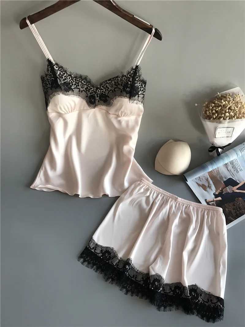Womens Spwear Sexy Lingerie Lace Satin Pajama Sets Nightwear Sveless Tops+Shorts 2 Pcs Sets Pyjama SetsXJ250220