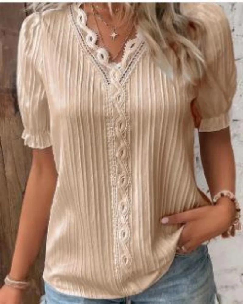 Plus Size Womens Shirt Blouse Yellowgreen Violets White Plain Lace Short Sleeve Casual Basic V Neck Regular Pullover Blo y260711banjia