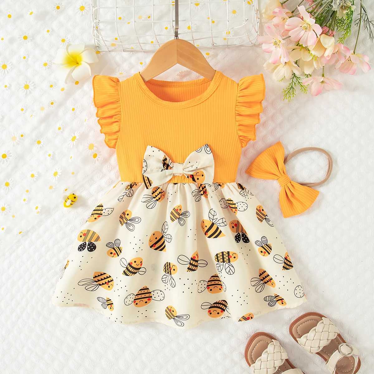 Summer New Yellow Little Fly Sleeve Baby Girl Dress Cartoon Bee Print Childrens Sleeveless Clothes+Bow Headband (0-3 Years) X2502201