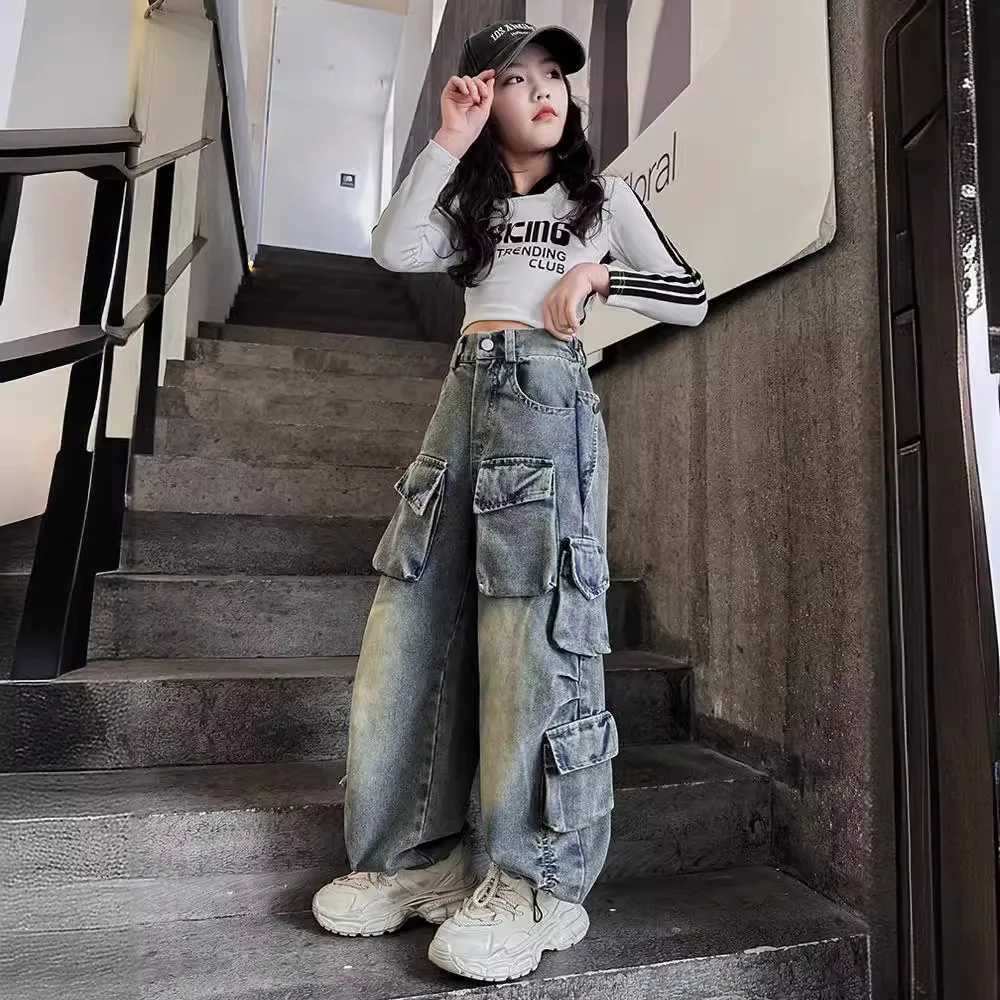 2024 Spring Cargo Jeans for Teenage Children Wide Leg Pants Girls Loose Casual Elastic Waist Design Streetwear Kids Trousers Z250220