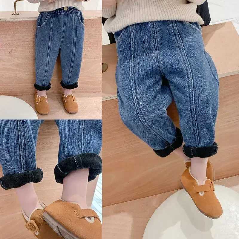 Children clothing plush jeans loose fitting 2023 winter clothing new western-sle warm pants for boys and girls baby pants Z250220
