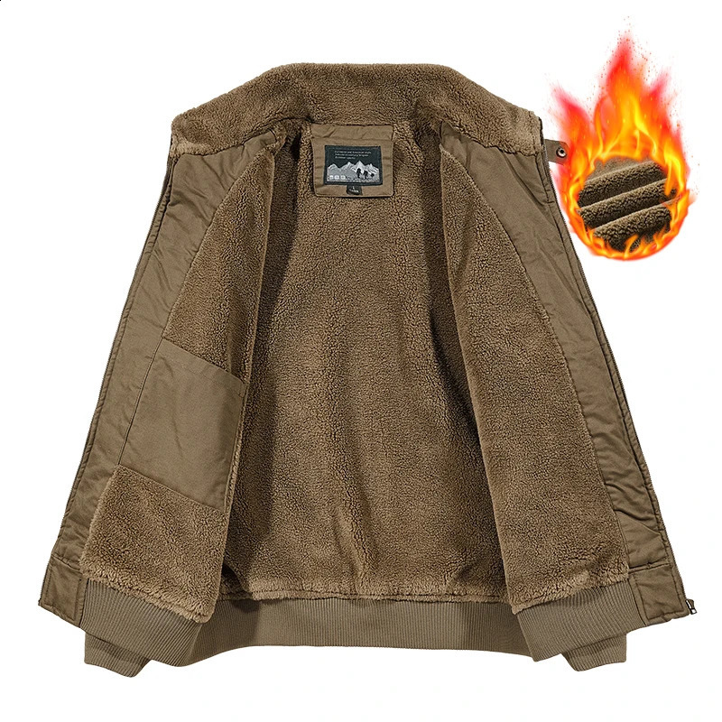 Mens work jacket autumn and winter item solid color warm thick multi pocket outdoor travel lapel mens pure cotton dress 250212