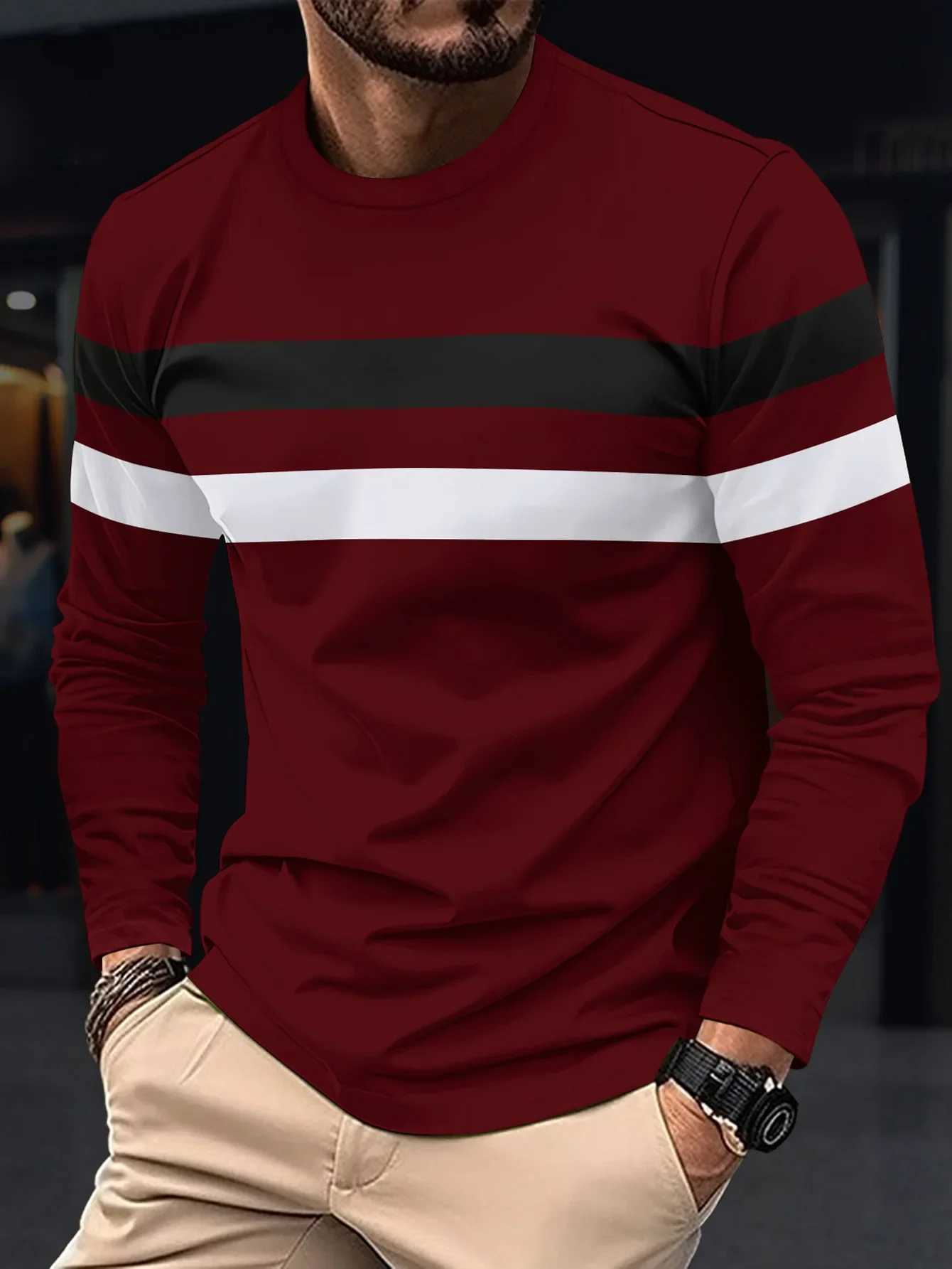 2024 Spring/Summer New Mens Fashion Long Sleeve Splicing Round Neck Breathable T-shirt Business Lightweight Casual Base Top W250220