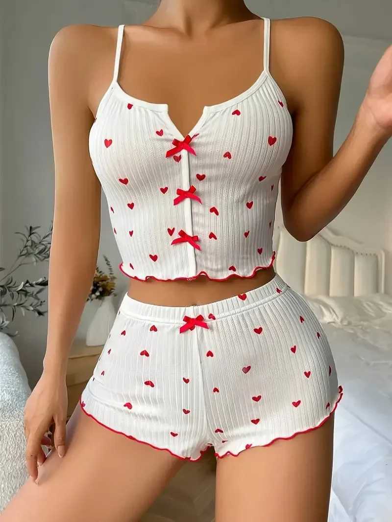 Womens Heart Print Pajama Set Cross-Back Cami Top Ribbed Fabric Shorts Comfy Knit Spwear V-Neck Top Semi-Sheer Short PantsXJ250220
