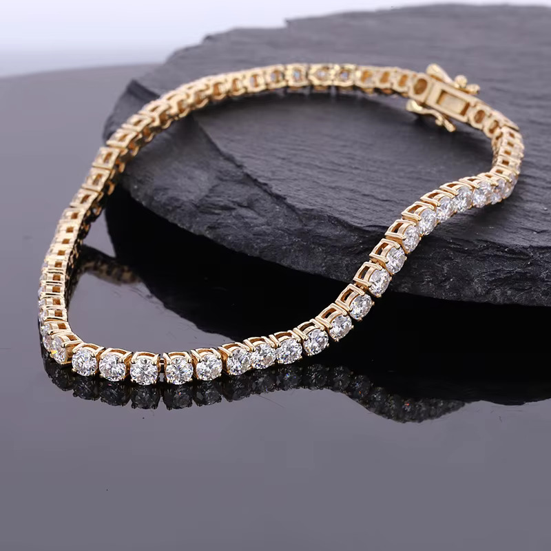 Starsgem Ready to Ship VVS Round Shape 3mm Colorless Loose Moissanite Dia 14k Solid Gold Tennis Bracelet