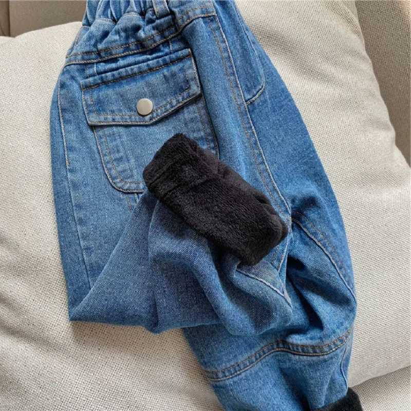 Boys Jeans Childrens Velvet Thick Winter Clothing Personized Front Pocket Warm Baby Casual Pants Kids Clothes Jeans For Girls Z250220