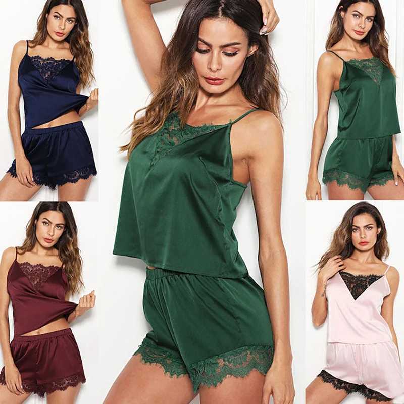Women Pajamas Set Satin Lace Spwear Lingerie Ladies Elastic Suspender Shorts Nightwear Suits Sexy Sveless Underwear TopsXJ250220