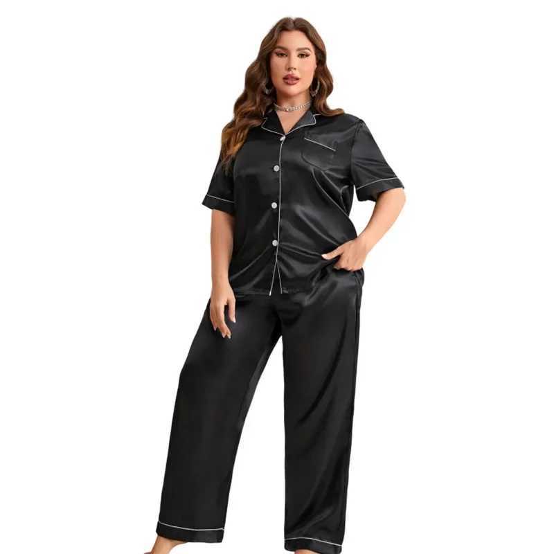 Plus Size Silk Satin Women Pajama Sets Solid Short Sves Top Long Pants 2 Pieces Spwear Notched Collar Button NightwearXJ250220