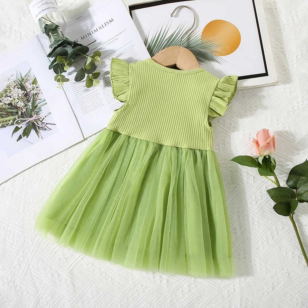 Summer 0-3Year-Old Girl Dress Baby Girl Waist Flower Embroidery Splicing Mesh Small Sleeve Princess Dress X250220