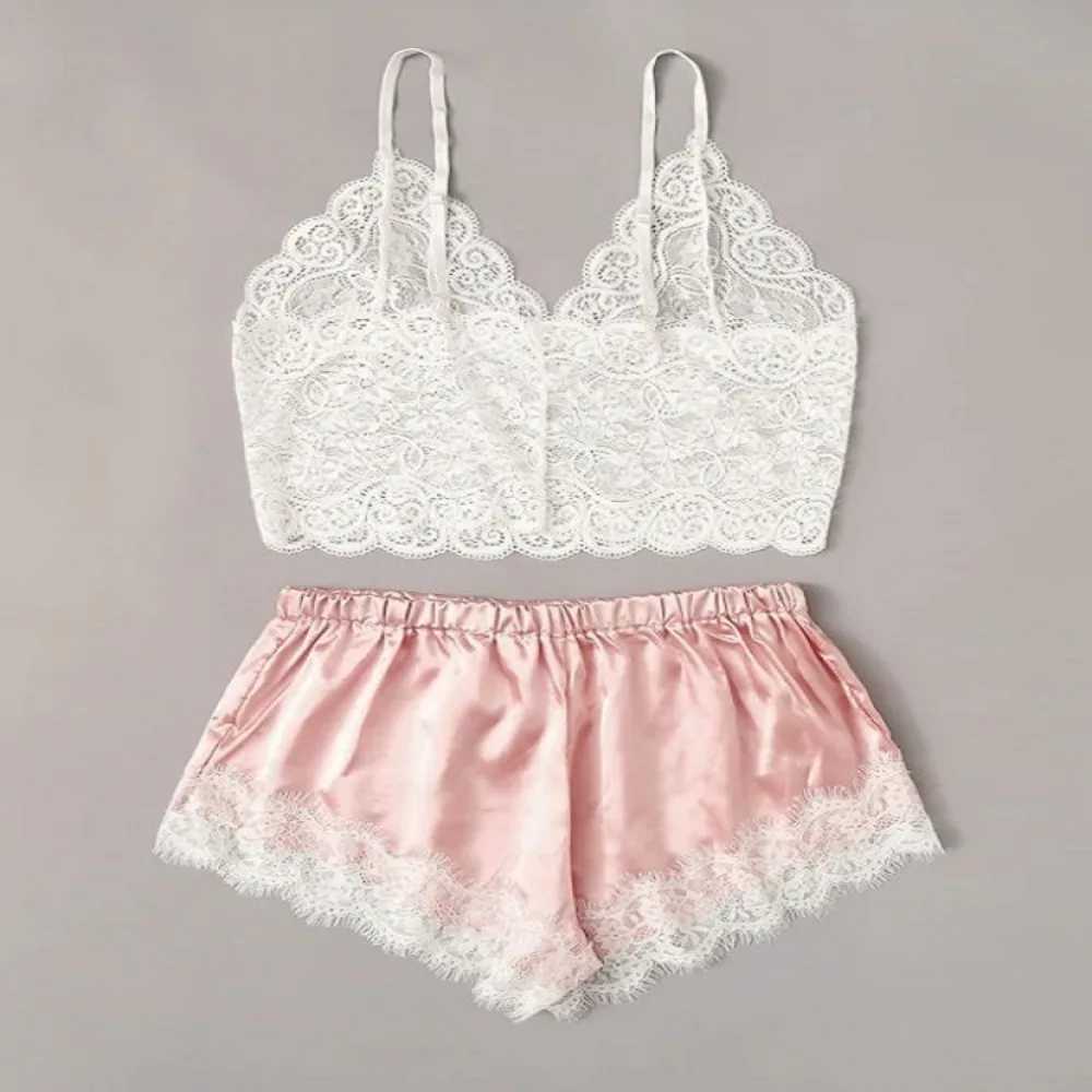 Sexy Lace Silk Spwear Two Piece Set of Suspender Shorts for Women Pajamas Set Lingerie Crop Tops Shorts NightwearXJ250220