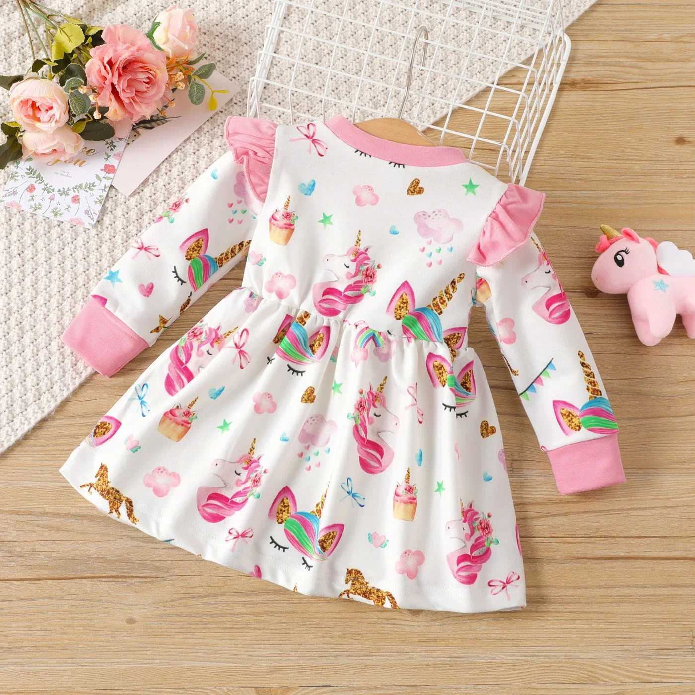 Baby Girl Sweet Ruffle Edge Animal unicorn Pattern Long Sleeve Dress Casual/Outdoor Full print Animal pattern X250220