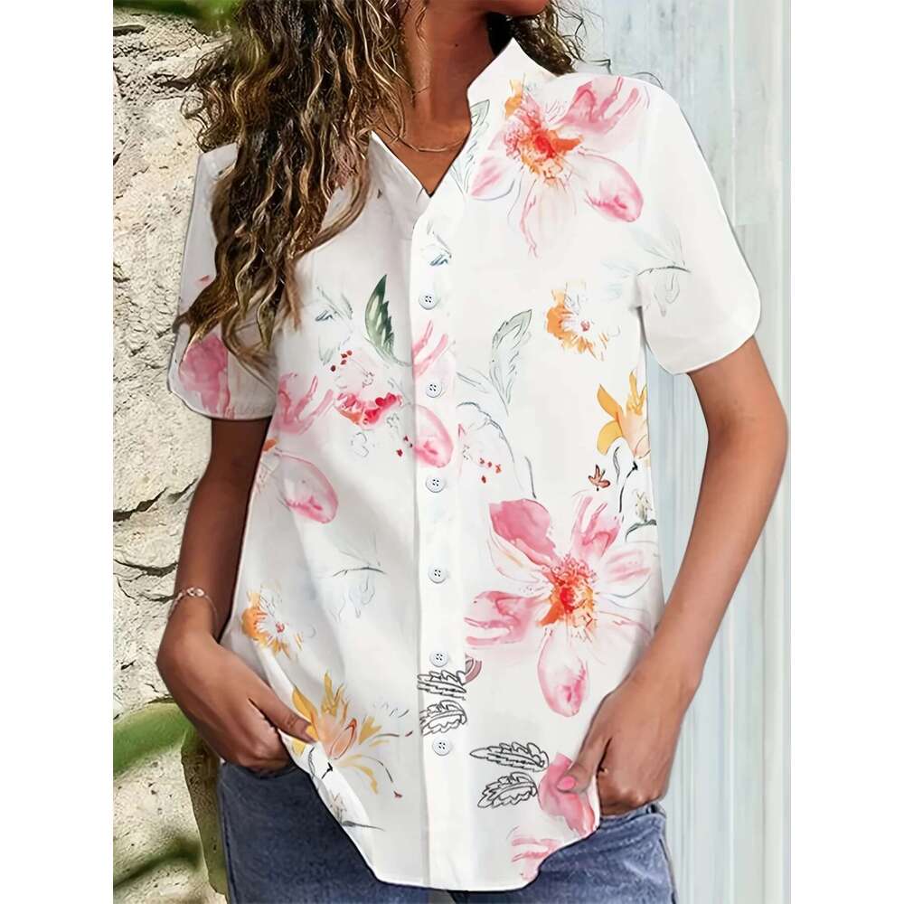 Plus Size Women's Summer Casual Fashion Commuter Shirt Collar Button Polyester Non-Elastic Wer Print Short Sleeve Top