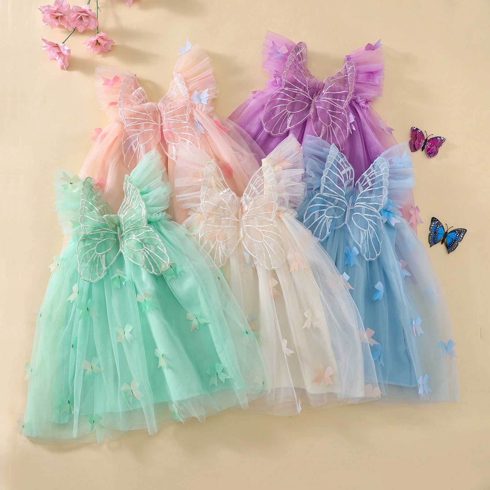MISOWMNJOY Summer Chiffon Baby Girls Dresses Princess Ruffle Sleeveless Butterfly Bow Tulle Dress Toddler Party Dress with Wings X250220