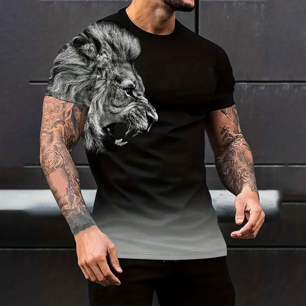 Lion Pattern Print Mens Vintage T-Shirt Gradient Graphic Tee Mens Summer Outdoor Casual Male Clothing Short Sleeve Top For Man W250220
