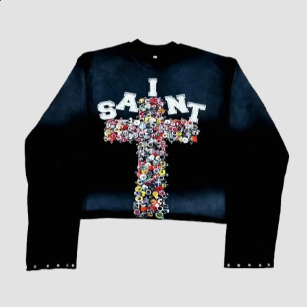 Y2K Washed Distressed Long Sleeves T Shirt Men Women Gothic Rhinestone Oversized Tops Harajuku Retro Cross Graphic Print T Shirt 250221