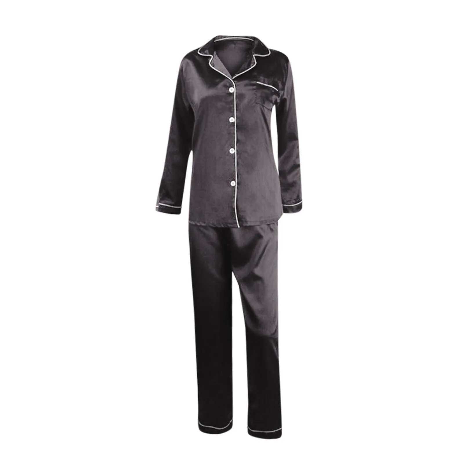 Autumn Women Basic Silk Satin Pajamas Suits Loose Home Wear 2 Piece Set Long Sve Lapel Button Up Shirts+Pant Sets SpwearXJ250220