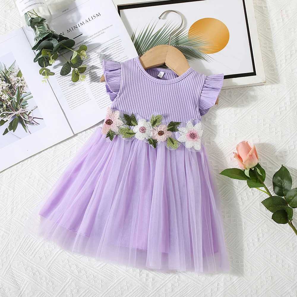 Summer 0-3Year-Old Girl Dress Baby Girl Waist Flower Embroidery Splicing Mesh Small Sleeve Princess Dress X250220