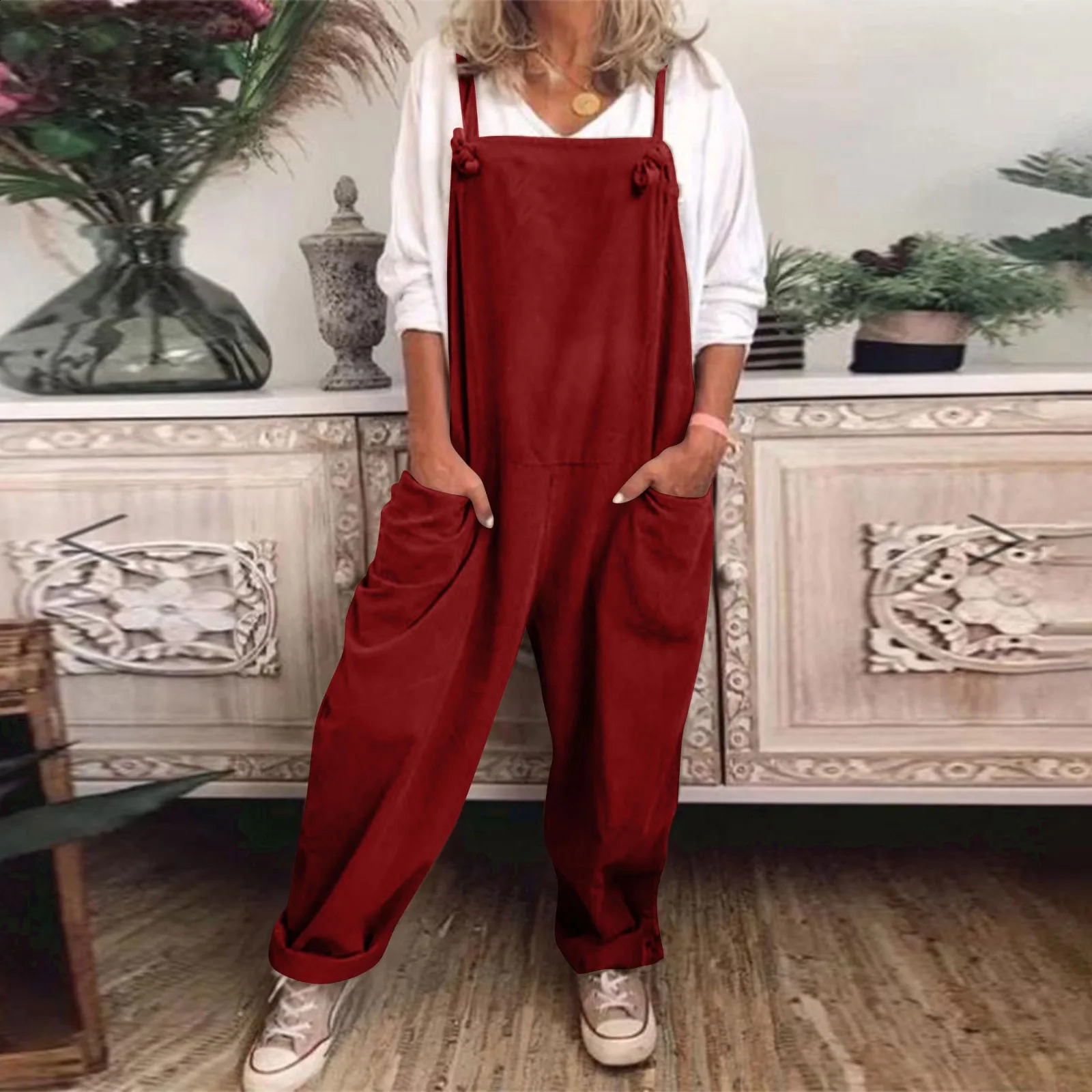 Womens Plus Size Overalls Jumpsuits Casual Solid Color Loose Comfy Dungarees Rompers Suspender Knot Cargo Style Playsuit 250220
