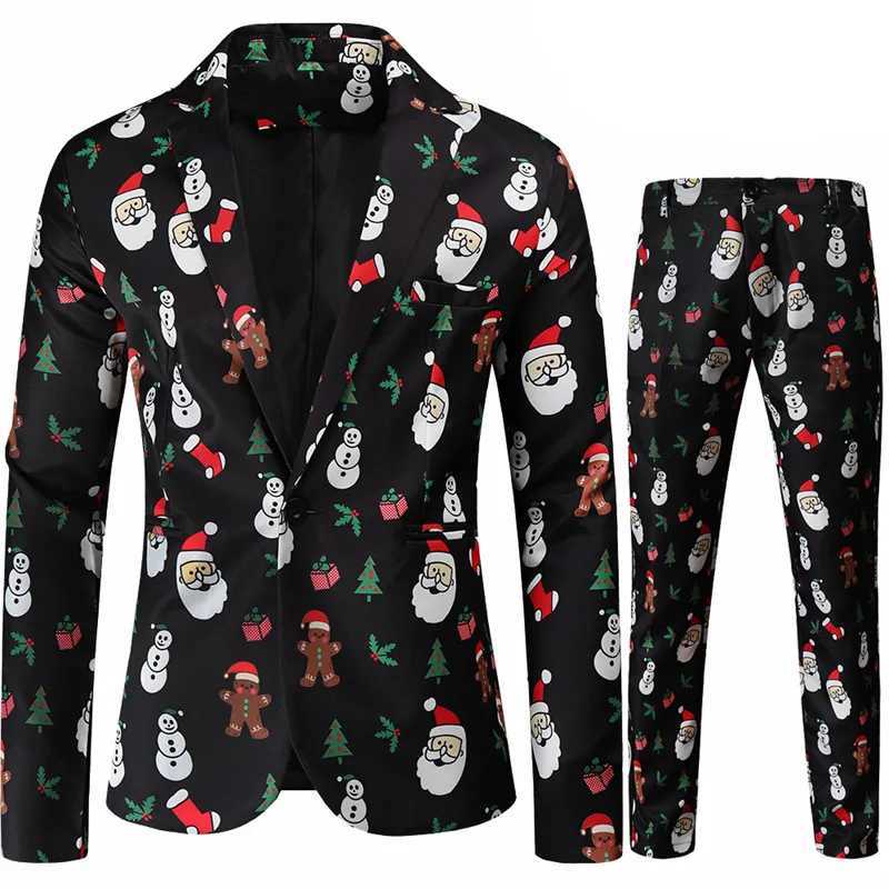 Red Printed Two-piece Mens Christmas Suit (Jacket + Pants) Stylish Male Blazer Coat with Trousers Black Grn Blue S-4XL X250220