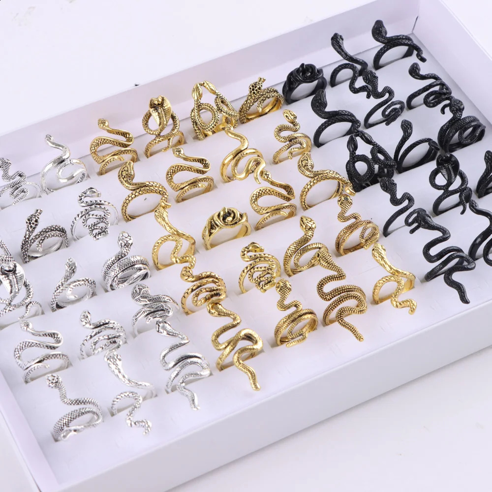 Wholesale 30Pcs/Lot Fashion Snake Animal Mix Style Metal Opening Rings for Women Vintage Adjustable Size Jewelry Party Gifts 250221
