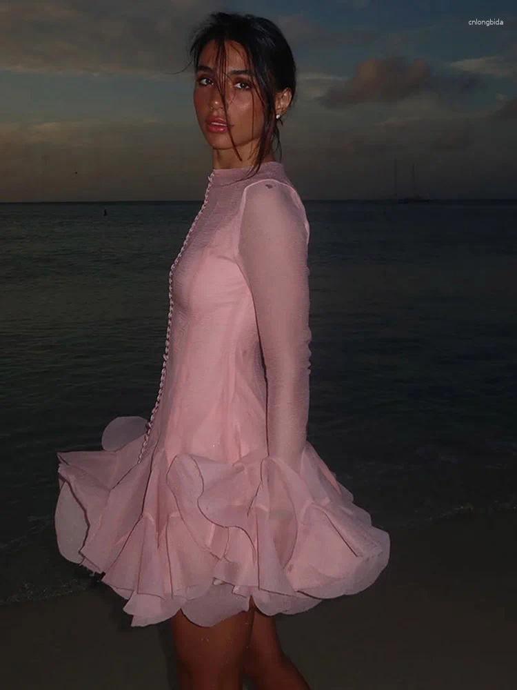 Casual Dresses Luxury O Neck Pink Ruffle Button Female Vestidos Fashion Long Sleeve High Waist Prom Spring Lady Short Evening Dress