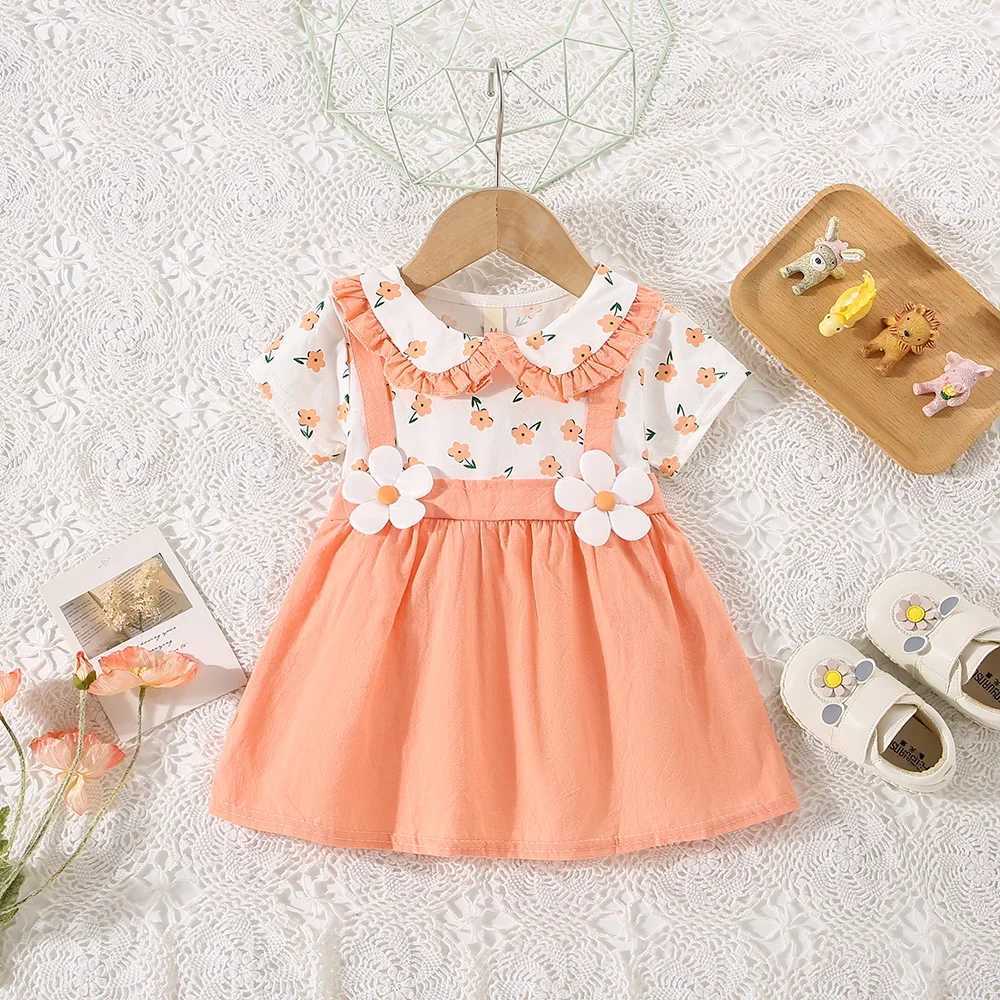 (0-3 Years Old) Summer Baby Girl Cotton Flower Fake Two-Piece Shoulder Strap Dress Girl Cute Short Sleeved Dress X250220