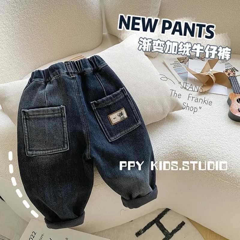 Boys plush and thick pants autumn and winter clothing childrens soft and elastic casual jeans baby warm pants Z250220