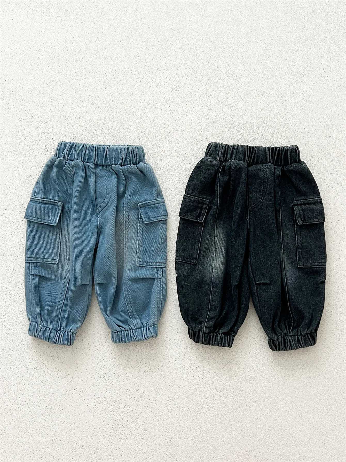 2025 Spring New Children Denim Trousers Boys Loose Cargo Pants Solid Girls Pocket Casual Pants Kids Versatile Jeans Baby Clothes Z250220
