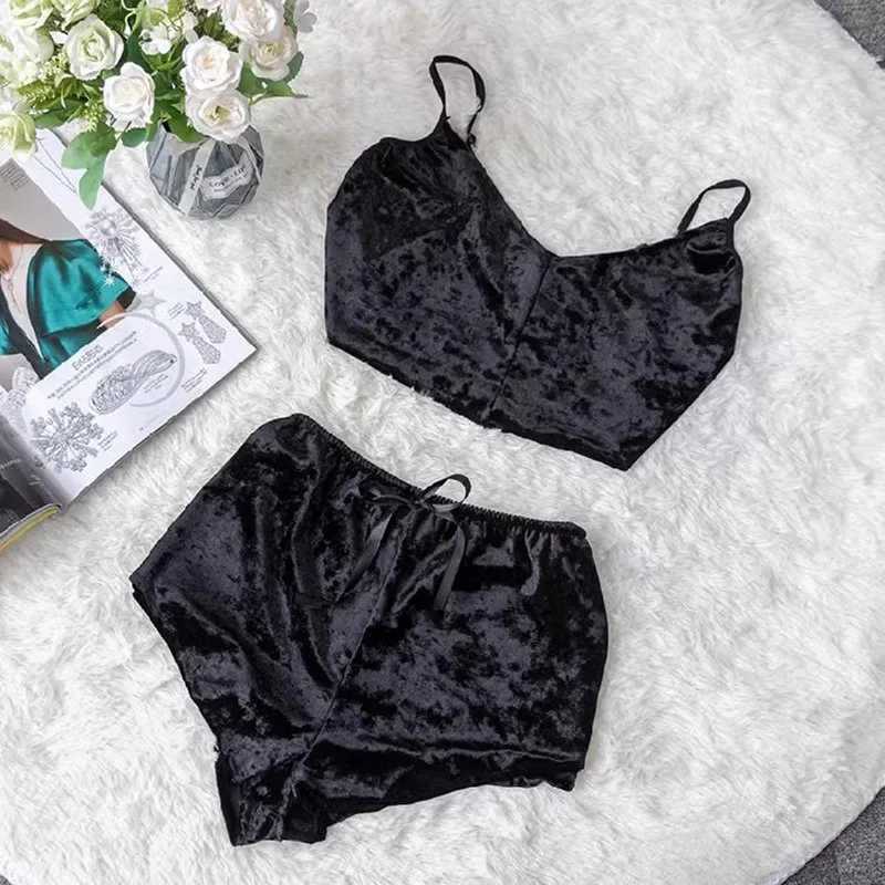 Sexy Velvet Pajamas V-Neck Lingerie Two Sets Women Suspenders Short Pants LoungewearXJ250220