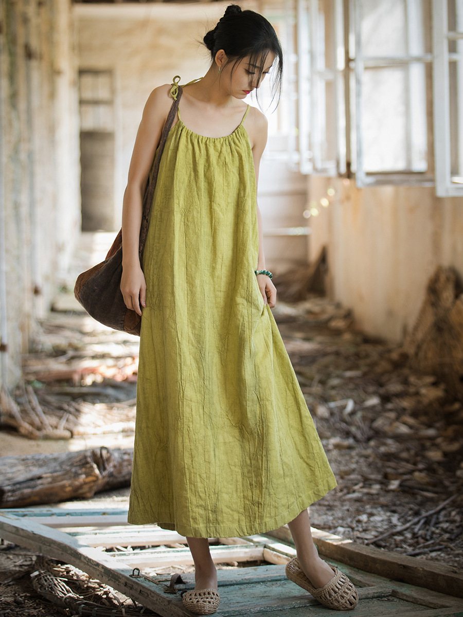 C508320 Ramie tie-dye adjustable long suspender skirt loose retro spring and summer slim temperament French casual women's dress skirt