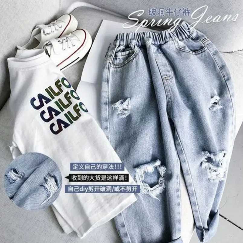 Spring Autumn 2-10Y Korean New Childrens Hole Trouser Childrens Boys Handsome Tear Patch Jeans Girls Pants Loose Jeans Z250220