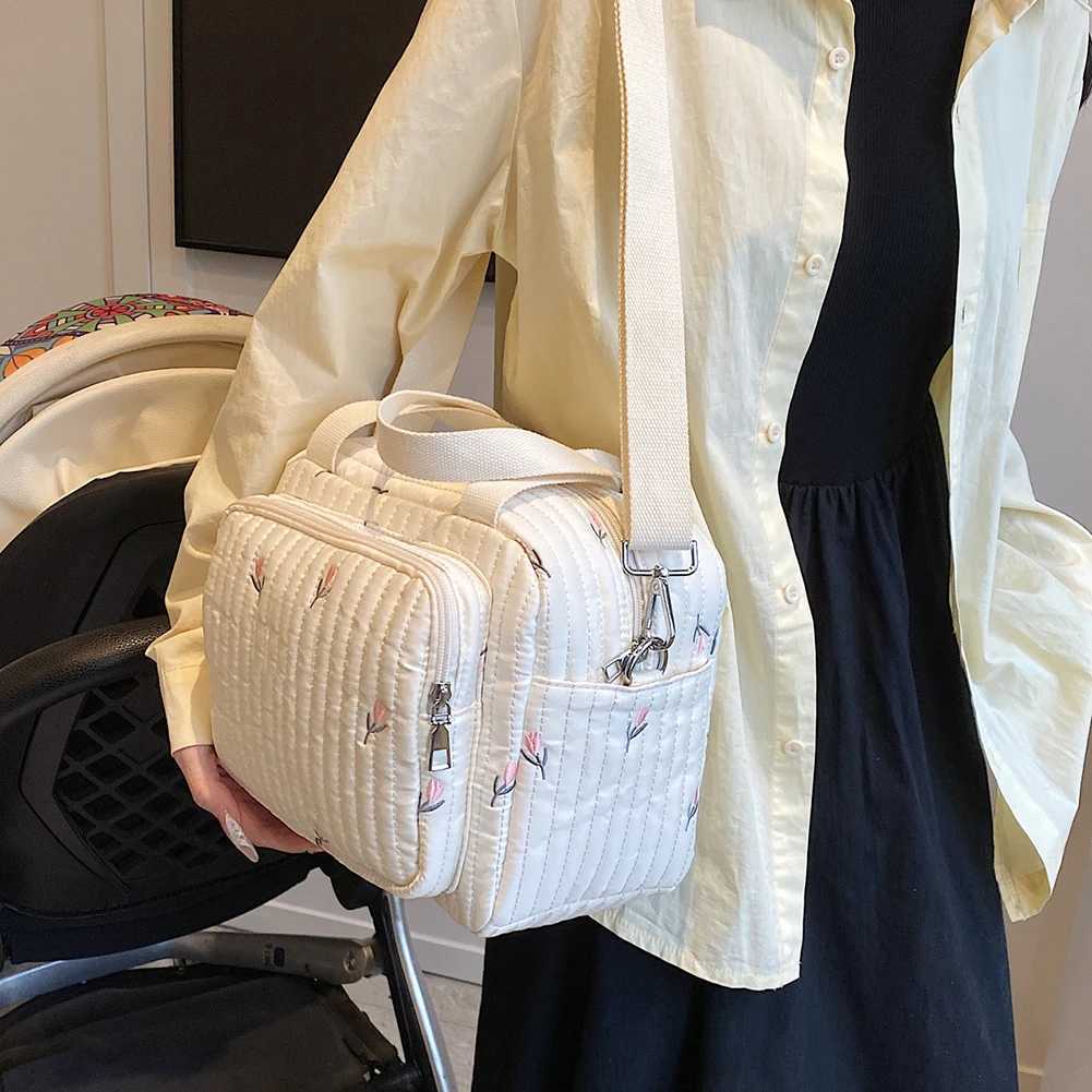 Bear/Flower Quilted Baby Nappy Bag Multifunctional Utility Tote Bag Cotton Travel Diaper Tote Adjustable Strap Diaper Handbag X250220