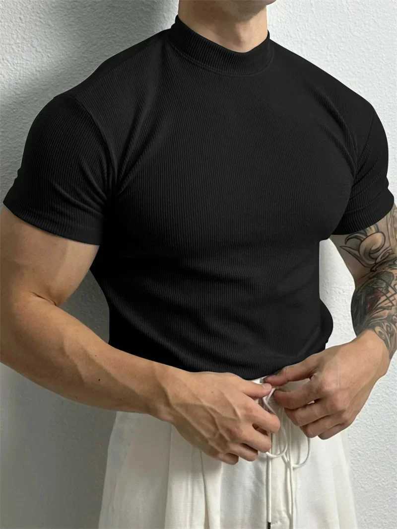 spring summer Elastic Comfortable Mens T-shirt Small high collar stripe shirt short sleeve fitness tops sports casual T-shirt W250220