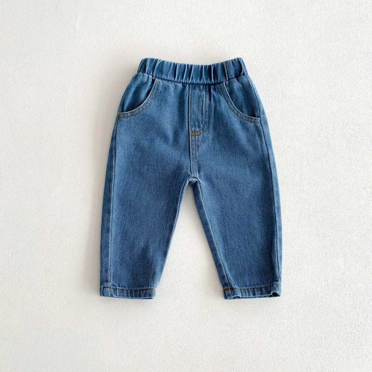 Spring Autumn Fashion Children Solid Jeans Girl Baby Retro Denim Casual Pants Boy Kid Pockets Cotton Trousers Toddler Dungarees Z250220