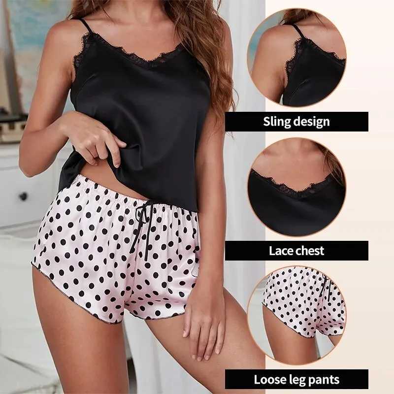 New Summer Womens Printed Polka Dot Shorts and Lace Decorated V-Neck Suspender Top Womens Sexy Pajama SetXJ250220