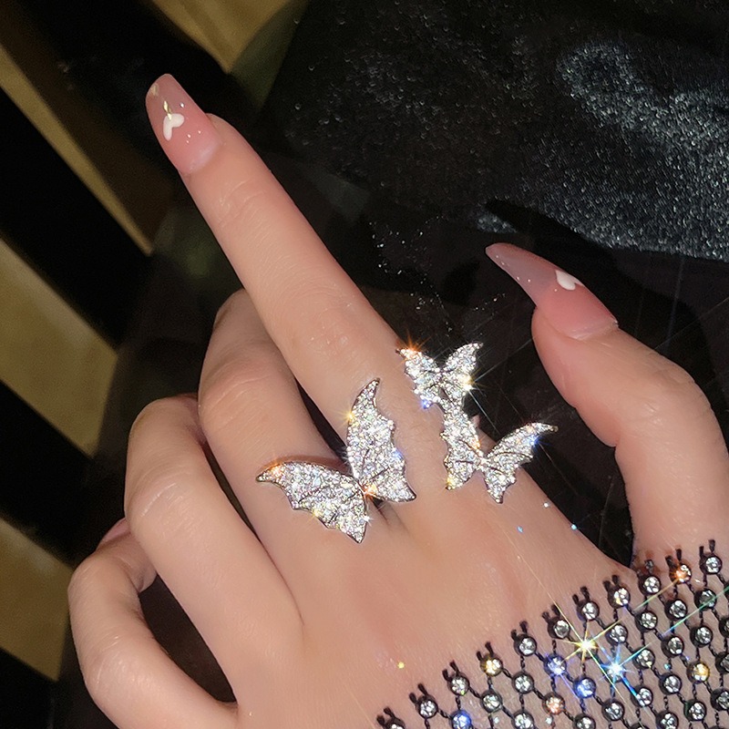 Shiny Cubic Zircon Adjustable 925 Sterling Silver Butterfly Finger Ring for Women Fine Jewelry