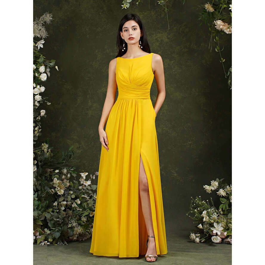 Yellow Fashion Chiffon Bridesmaid Dress A E Long Maid Of Honor Gown Summer Wedding Custom Made Bm